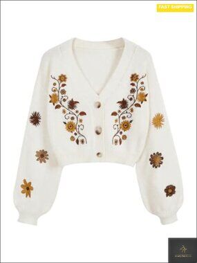 Cropped Floral Cardigan Boho Western Embroidery Button Down Knit Top